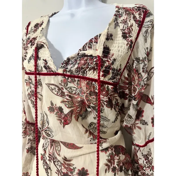 GREAT JONES Boho Floral Print Tiered Mini Dress Tassels Velvet Trim SIZE‎ L - Image 6