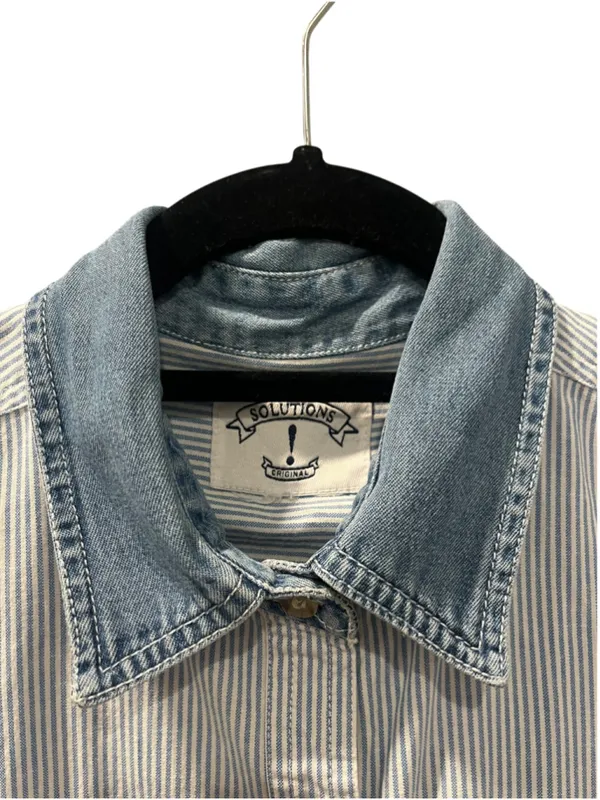 Vintage 90s Christmas Embroidered Button Up Shirt Striped Denim Collar Large - Image 4