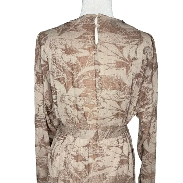 Zara Midi Dress Sz Large Long Mock Neck Party Career Belt Neutral Floral Stretch - Image 7