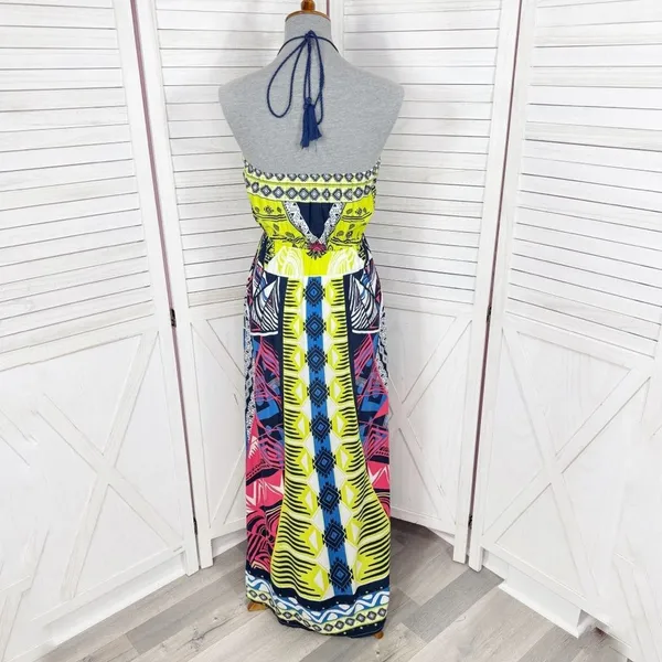 Alya Tribal Print Beaded Maxi‎ Halter Dress Neon Yellow Multicolor Small - Image 5