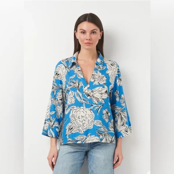 ZARA Blue White Floral Linen Blend Blouse Top NWT XL Oversized Kimono Sleeve - Image 3