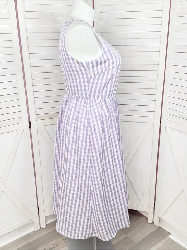 DKNY Gingham Check Square Neck Midi Dress Purple White 12 Cottagecore Sleeveless - Image 3