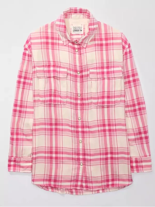 AE Oversized Long-Sleeve Plaid Button-Up Shirt - Image 2