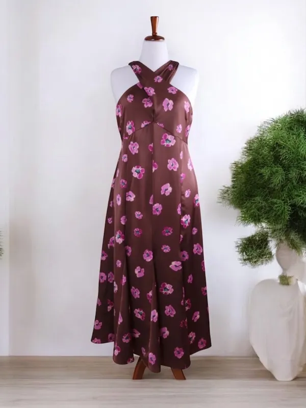 LOFT NWT Ikat Buttercup Satin Godet Halter Midi Dress Size 6 - Image 3