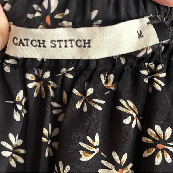 Catch Stitch Floral Print High Waist Frill A Line Flared Long Black Skirt M - Image 8