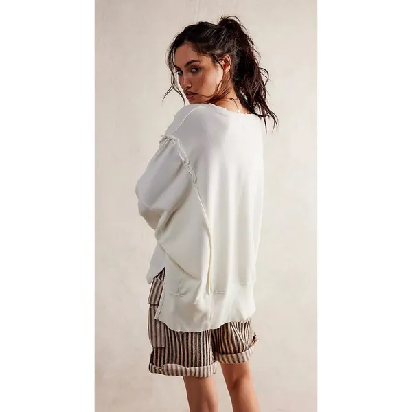 We The Free Free People Oversized V-Neck Sweatshirt Cream Exposed Seam XS‎ - Image 2
