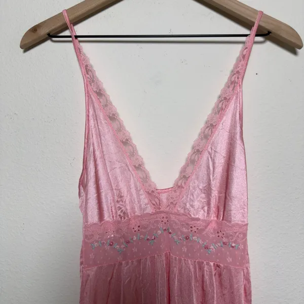 VTG Women Fairy Babydoll Slip Dress Pink Lace Floral Embroidered Satin Maxi - Image 5