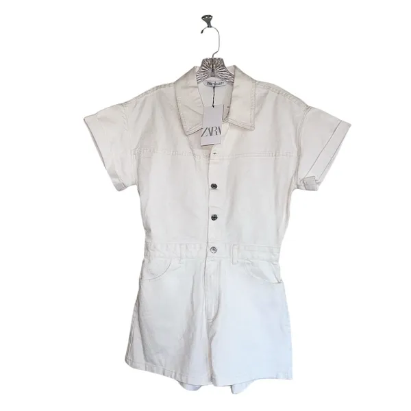 NWT ZARA DENIM TRF SHIMMERY PLAYSUIT Oyster White Medium Bloggers Fave - Image 10