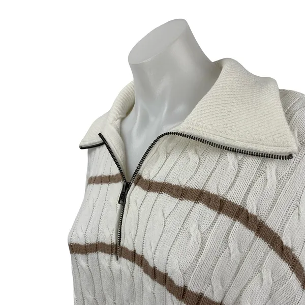 Hollister Womens White Brown Cable Knit 1/4 Zip Collared Polo Sweater Top Size S - Image 2