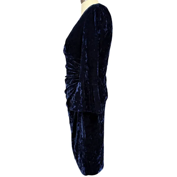 Lauren Ralph Lauren 10 Navy Blue Crushed Velvet Ruched‎ Bell Sleeve Dress Formal - Image 3