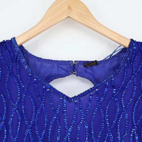Vintage Silk Sequin Evening Gown Maxi Dress Lined Blue Elegant Zipper M/L 19"P2P - Image 4