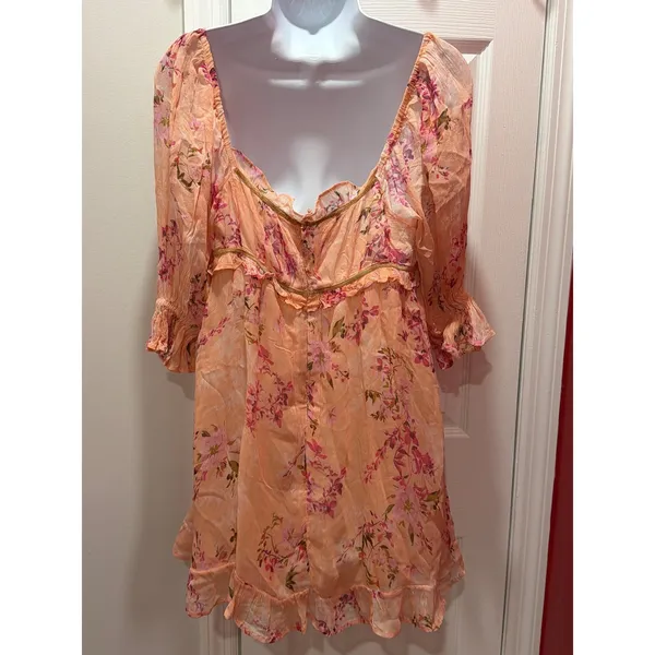 NWOT Free People Mini Dress Womens Peach Floral Ruffle Puff Sleeve M - Image 2