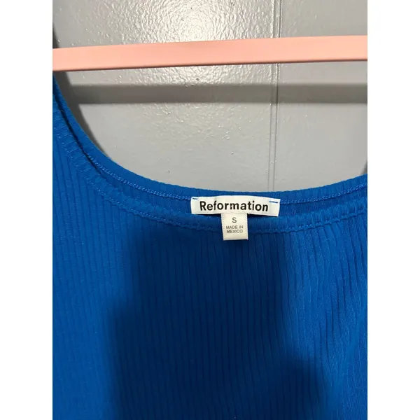 Reformation Blue Ribbed Tencel Blend Asymmetrical Casual Crop Tank Top S - Image 2