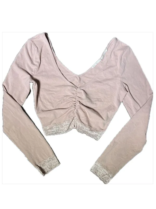 Urban Outfitters Light Pink / Mauve Ruched Long Sleeve Top Cropped Lace Medium - Image 2