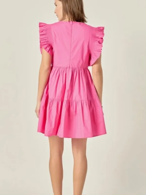 English Factory | Ruffled Babydoll Mini Dress w/ Pockets Fuchsia Pink - Image 2