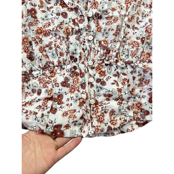 Anthropologie Gauzy Cream Floral‎ Button Front Cropped Blouse Rust Long Sleeve - Image 6