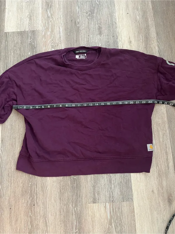 Carhartt Tencel Sweatshirt Womens Large Burgundy Loose Fit Cropped Sleeve Logo - Image 11
