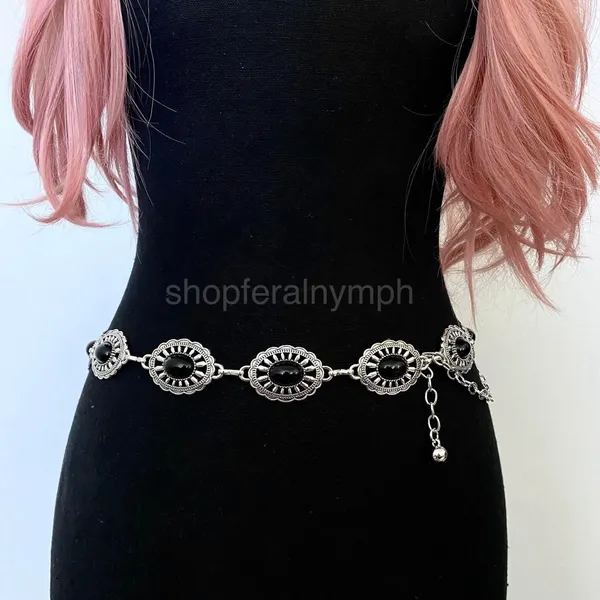 Silver Y2K Black Stone Concho Waist Chain Belt, Fits 24.5-38.5 Inches, X7GA1294 - Image 4