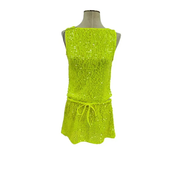 Lovers + Friends Erin Sequin Crop Top Mini Skirt Set Lime Green NWT Size Small - Image 3