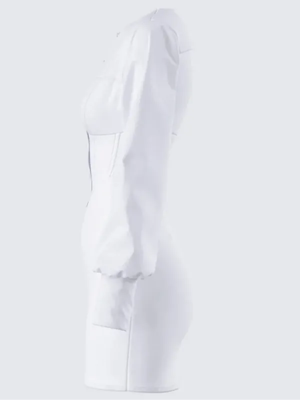 Finesse White Corset Mini Dress Long Puff Sleeve Button Front Bodycon Dress -S - Image 2
