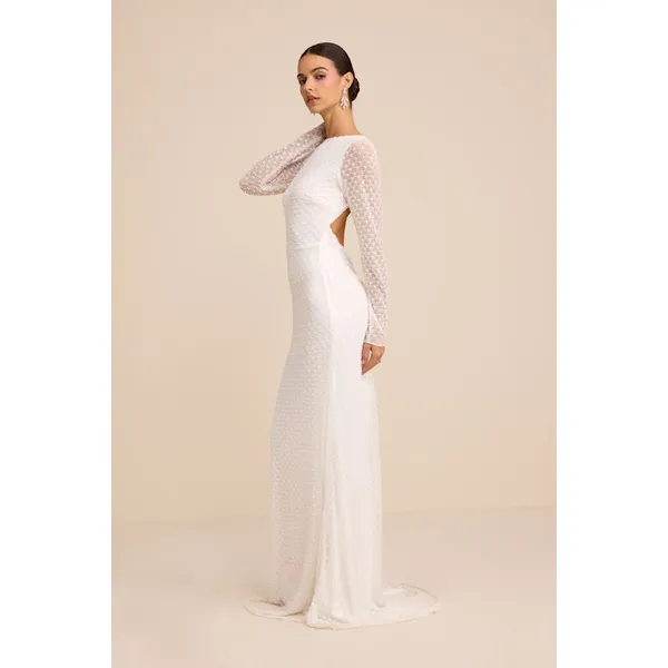 Lulus Mariani White Sequin Beaded Backless Long Sleeve Maxi Dress Medium NWT - Image 4