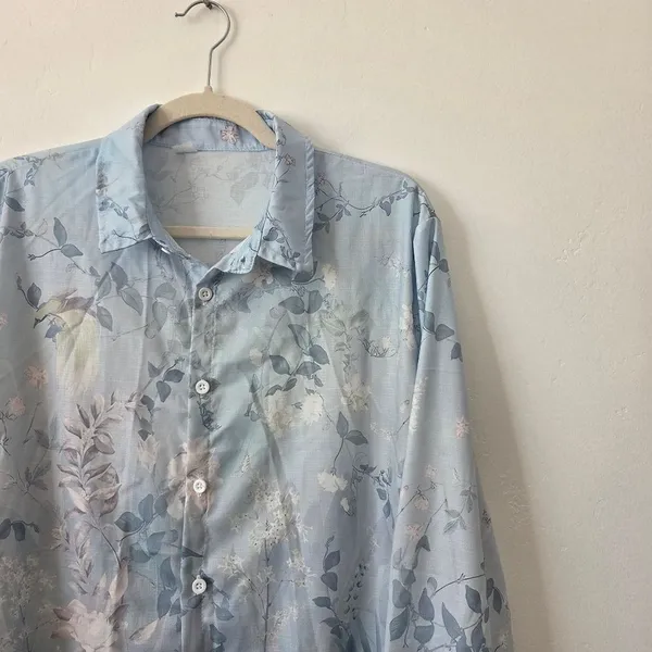 Blue Floral Blouse Top Linen Feel Pastel Lightweight Cottagecore Grandmacore L - Image 9