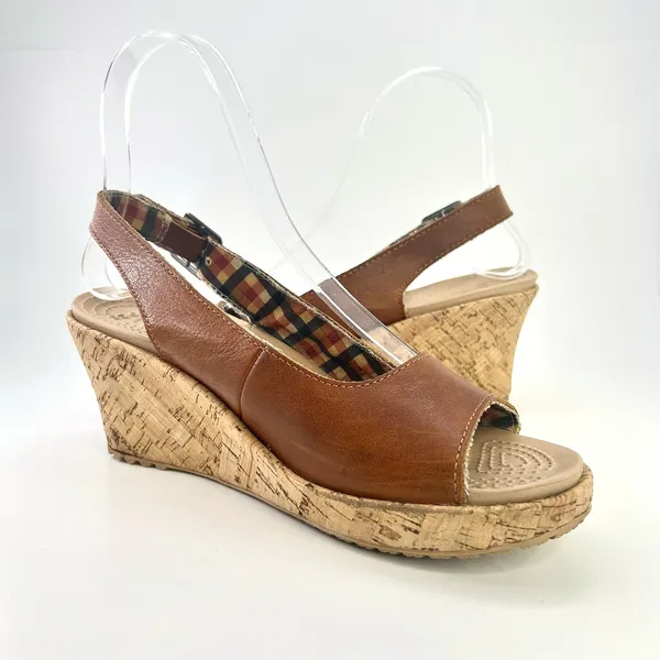 Crocs A-Leigh Brown Leather Cork Wedge Sandals Slingback Peep Toe Comfort Size 8 - Image 8