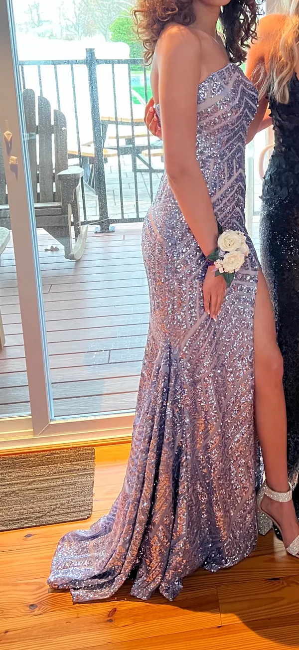 Jovani Chevron Sequin Strapless High Slit Gown - Image 5