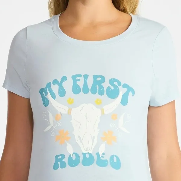 Maternity T Shirt My First Rodeo Bull Skull‎ Graphic Blue Short Sleeve Top M - Image 7