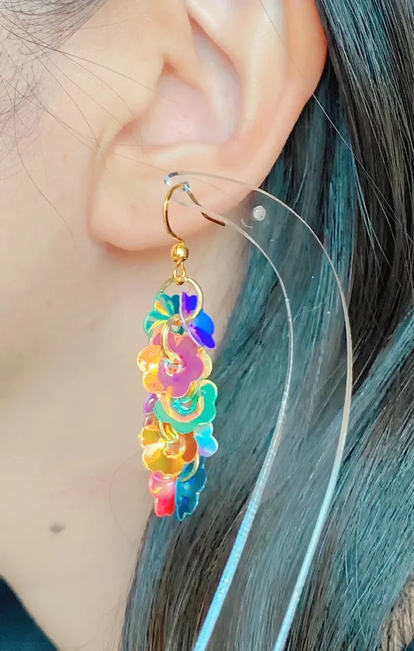 Handmade fairy cute funky unique style flower sequins dangle earrings🌈🌼 - Image 8