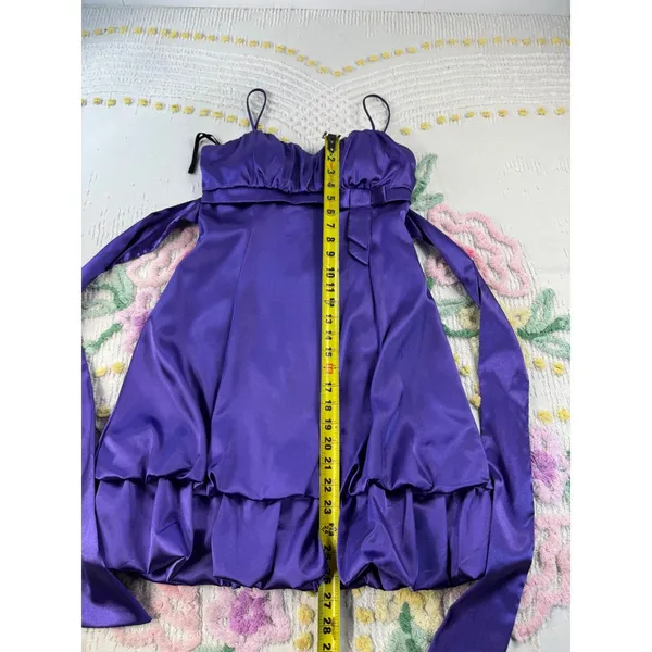 Rory vtg USA Purple Satin Bubble Hem Cocktail Dress Sweetheart‎ Back Bow Mini 6 - Image 6