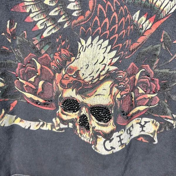 Forever 21 Gray NYC Eagle Skull Graphic Tee Rhinestone Edgy Grunge Small - Image 3