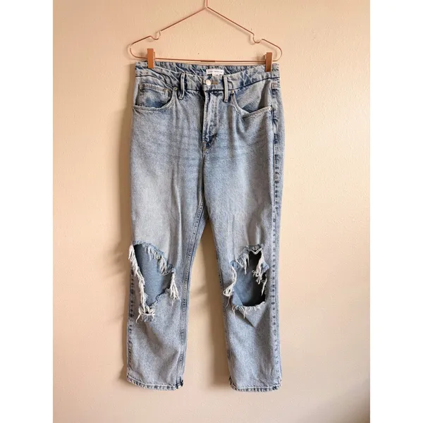 Good American Jeans Womens 6/28 Light Indigo Good 90s Distressed High Rise Acid‎ - Image 3