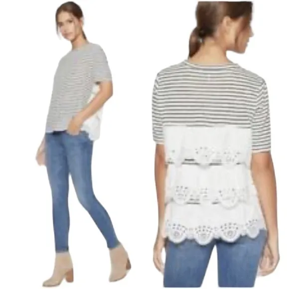 Joie Linen Eyelet Nautical Striped Cottage Scalloped Tiered Short Sleeve Top S - Image 4