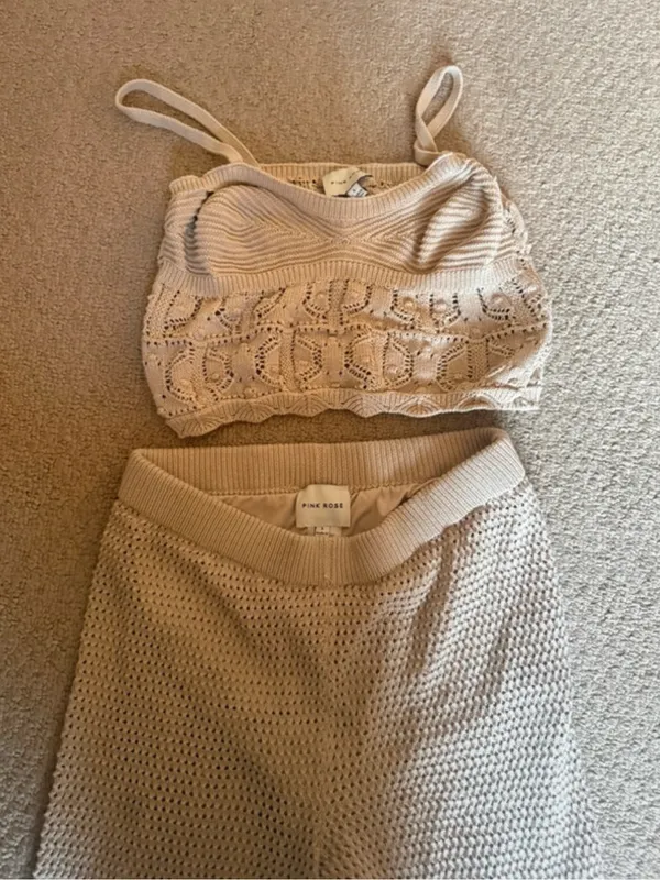 Pink Rose Crochet Knit Bralette and Lounge Pants Set in Cream - Image 2