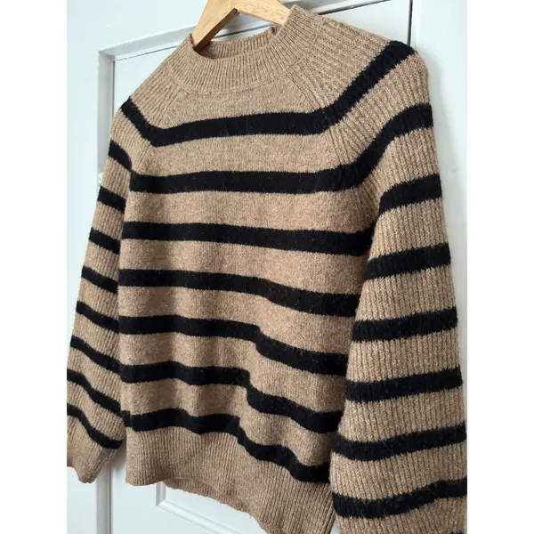 Mango MNG Striped Raglan Knit Sweater Camel Black Crew Neck Relaxed Fit XS - Image 11