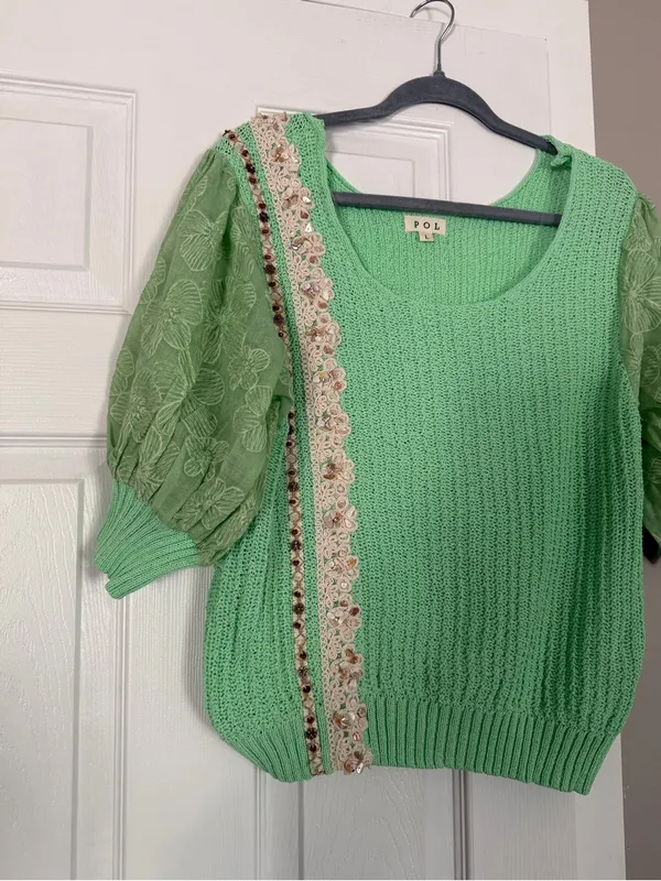 POL Mint Green Puff-Sleeve Knit Top with Lace Trim - Image 2