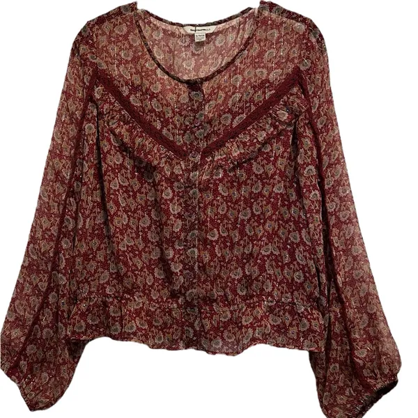 NWOT..American Eagle Women's Boho Peasant Bell Sleeve Burgundy Floral Blouse - Image 2