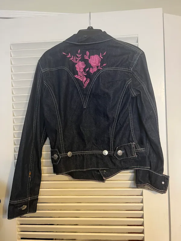 CH 8 Dark Denim Pink Embroidery Jean Jacket - Image 2