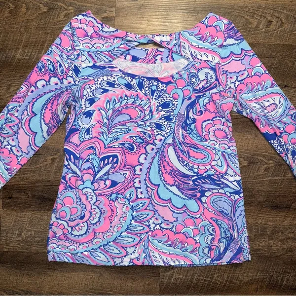 Lilly Pulitzer Pink and Blue Long Sleeve Cut Out Blouse - Image 7