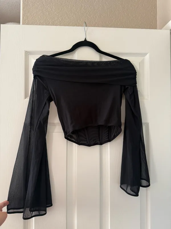 BNWT Zara Black Asymmetric Draped Bell Sleeve Tulle Top - Image 9