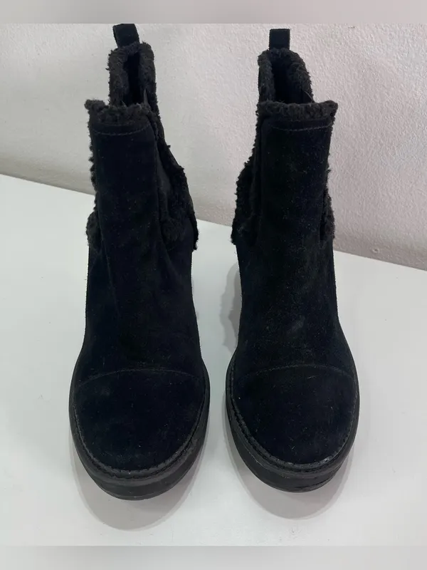 Sam Edelman Black Wedge Chunky Boots Women 10 Suede Bootie Faux Fur Trim Grunge - Image 2