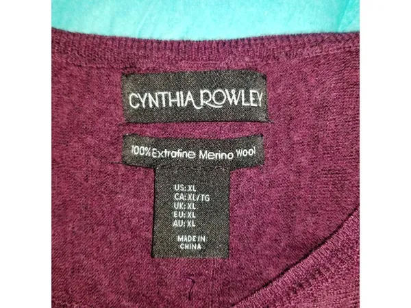 Cynthia Rowley Merino Wool Burgundy Sweater XL Button Back Long Sleeve Lightweig - Image 3