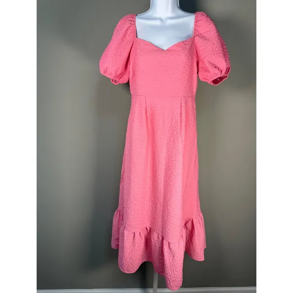 TCEC Tech Textured Pink Puff Sleeve Midi Dress Coquette Barbiecore M Wedding‎ Guest - Image 2