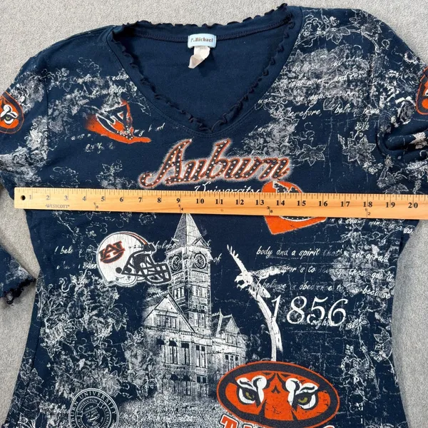 Auburn Tigers Y2k Graphic Blouse Women Large Embellished Ruffle V-Neck 3/4 Sleev - Image 7