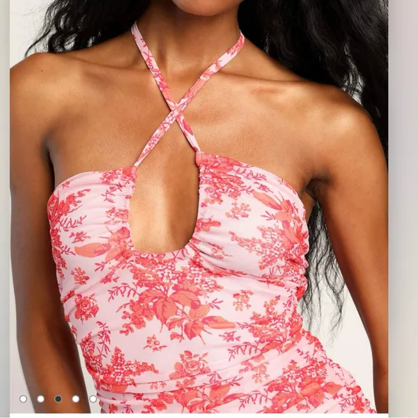 NWT Lulus Hot Off The Mesh Pink Floral Ruched Bodycon Halter Mini Dress LARGE‎ - Image 2