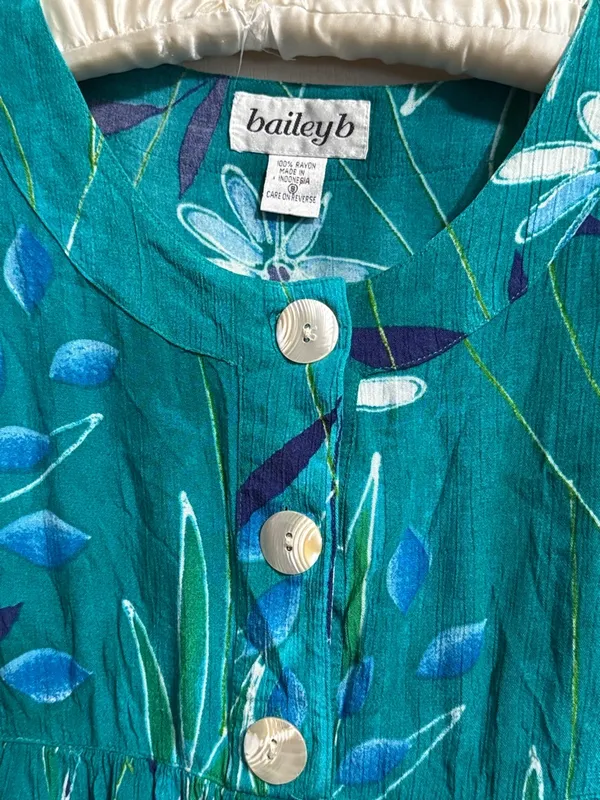 💙💖Vintage Tropical Pearl Button Teal Tie‎ Back Mini Dress Summer Resort Beach - Image 4