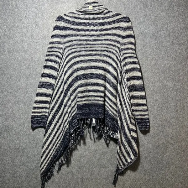 Billabong‎ Open Front Drape Cardigan Knit M Navy Blue White Striped Boho Fringe - Image 5
