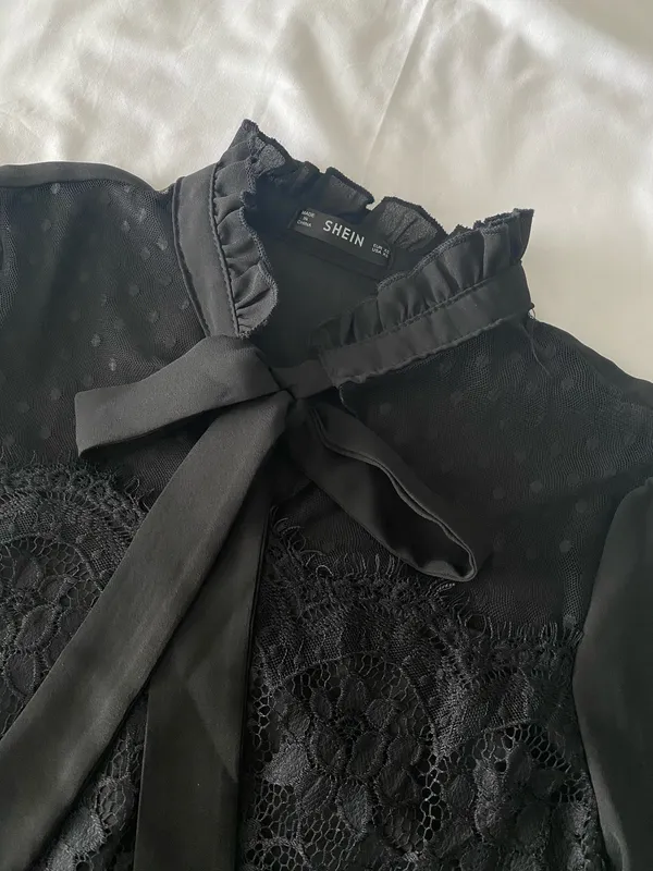 SheIn Black Frill Tie Neck Blouse With Lace Panel - Image 3