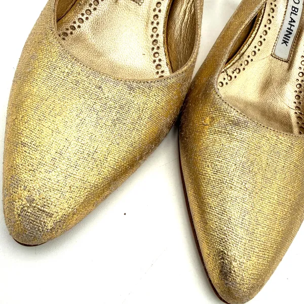 Manolo Blahnik Gold Carolyne Kitten Heel Slingback Pumps Heels Size 36.5 / 6.5 - Image 3